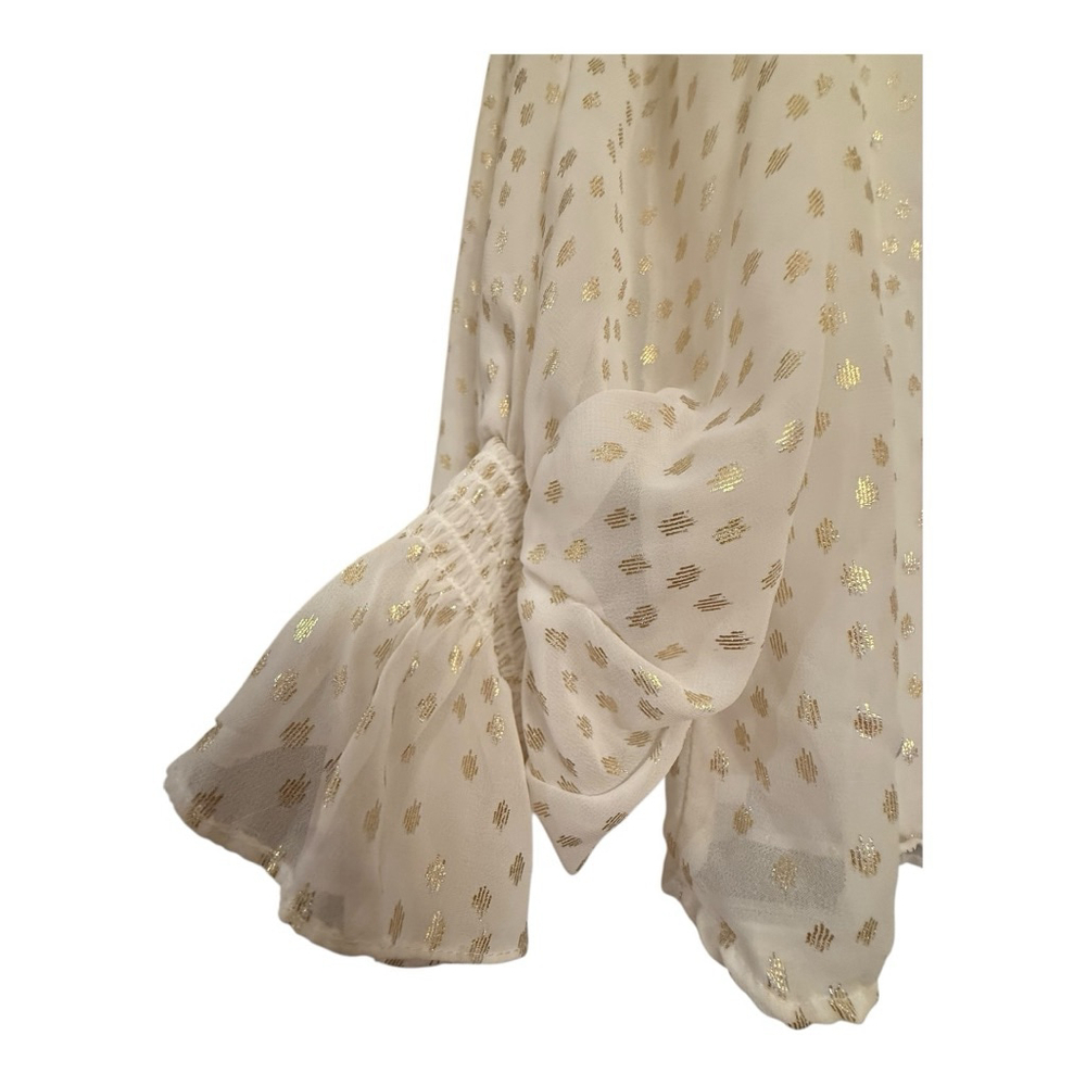 1. STATE Cream Gold Dot V-Neck Smocked Ruffle Cuff Blouse XS - Picture 3 of 10
